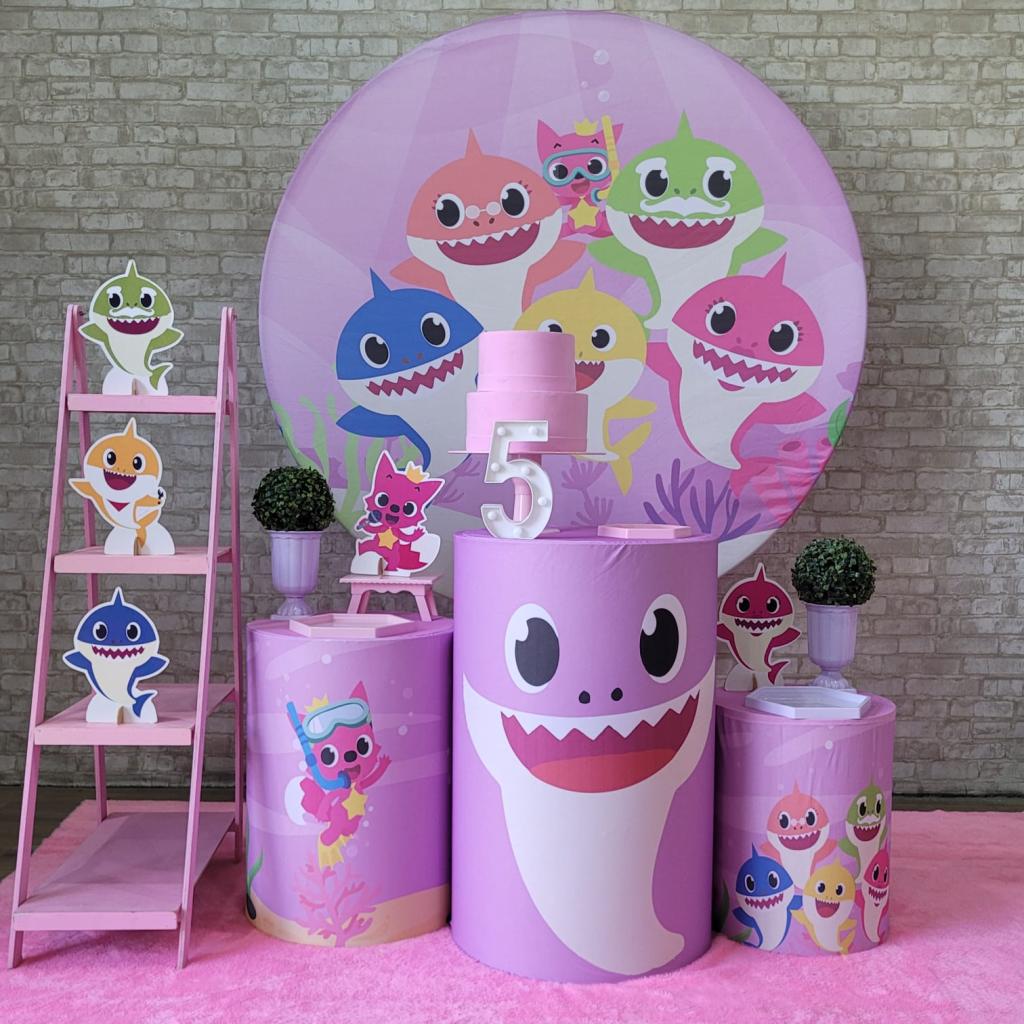 Alugue Tema Para Festa Decoração Baby Shark Rosa Tecido ( Modelo 2 ) - Tallentos Decorações 
