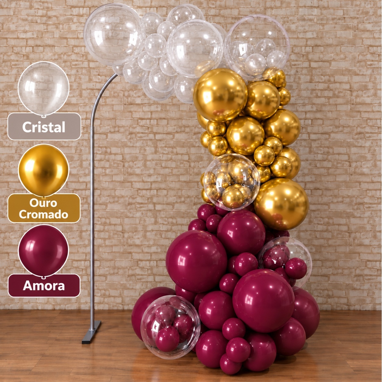 Arco de Balão Pronto Com 3 Metros Linha Luxo Happy Cristal, Dourado E Amora - Tallentos Decorações 