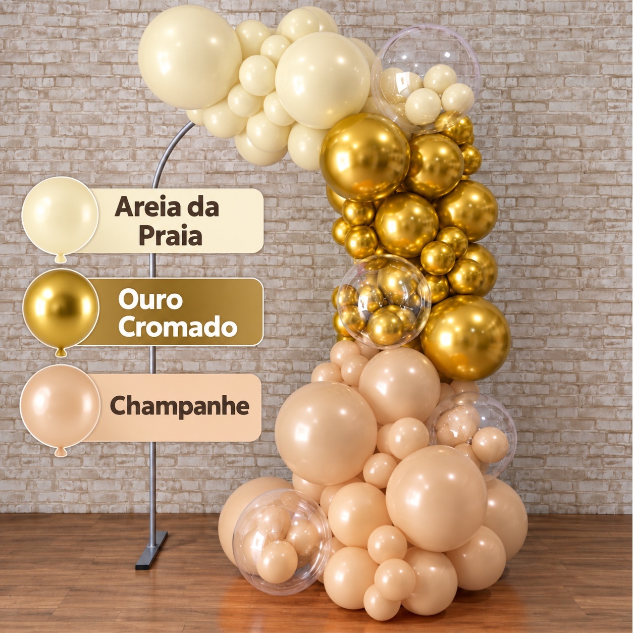Arco de Balão Pronto Com 3 Metros Linha Luxo Happy Areia Nude, Dourado E Champanhe - Tallentos Decorações 