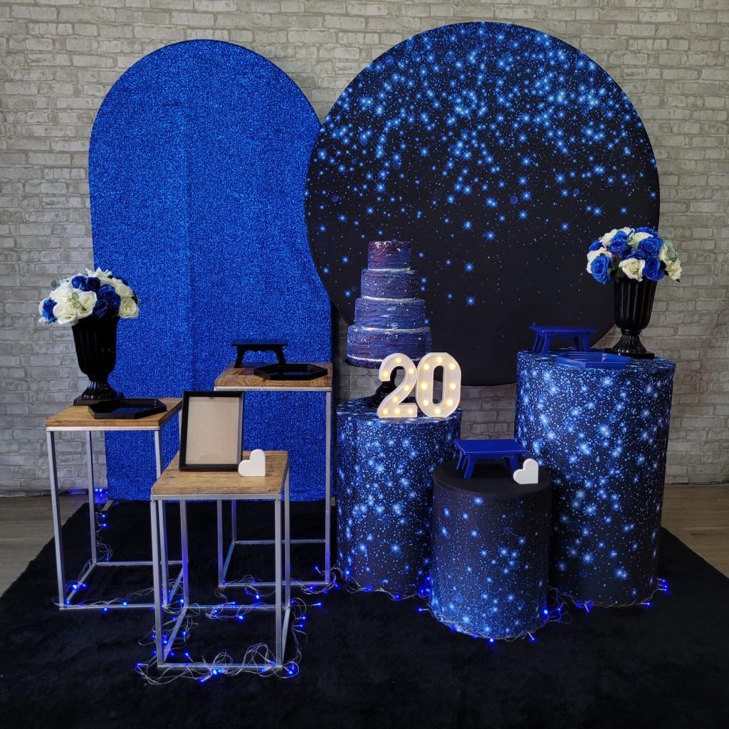 Alugue Tema Para Festa Decoração Glitter Azul Tecido ( Modelo 3 ) - Tallentos Decorações 