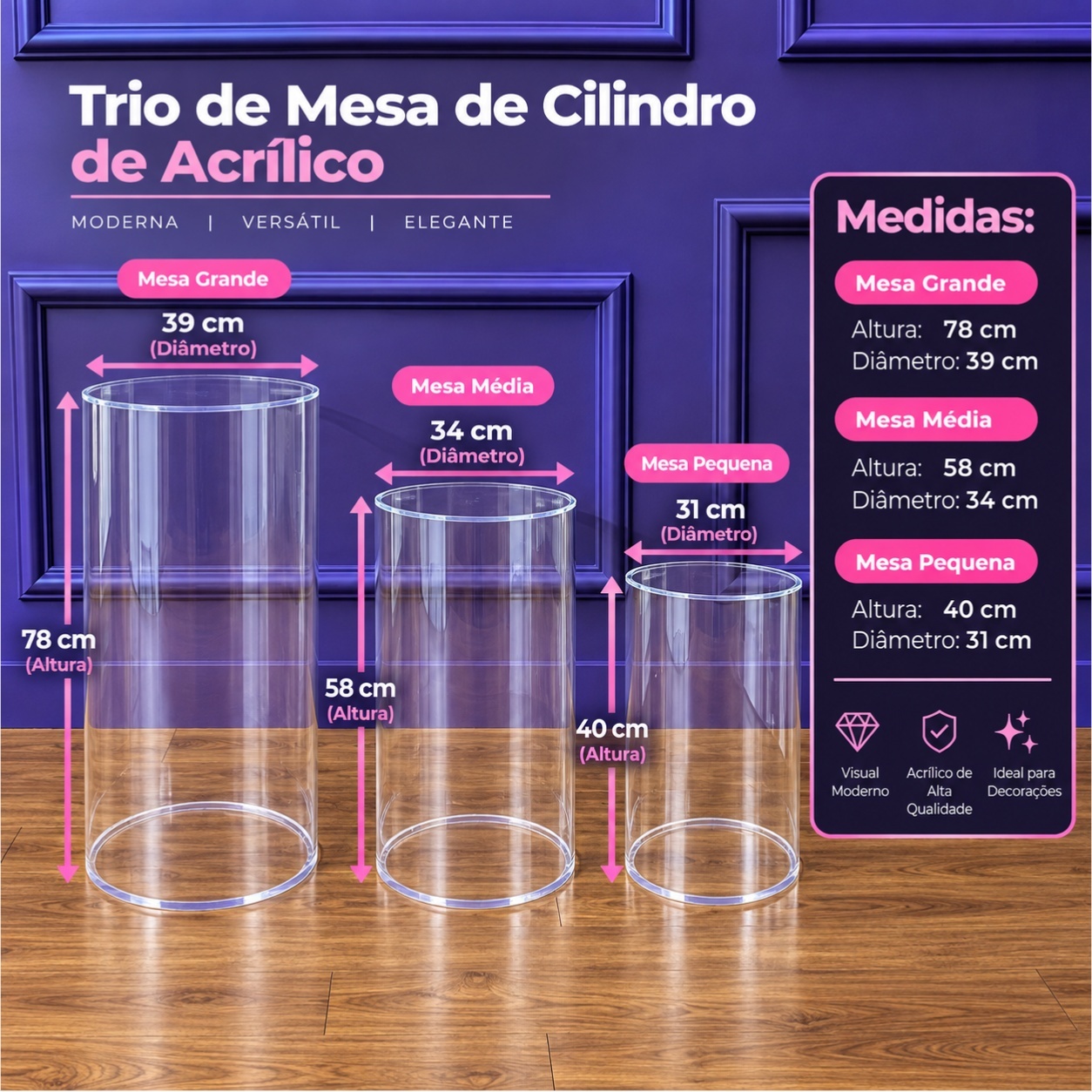 Alugue Trio de Mesa Cilindro de Acrílico - Tallentos Decorações 
