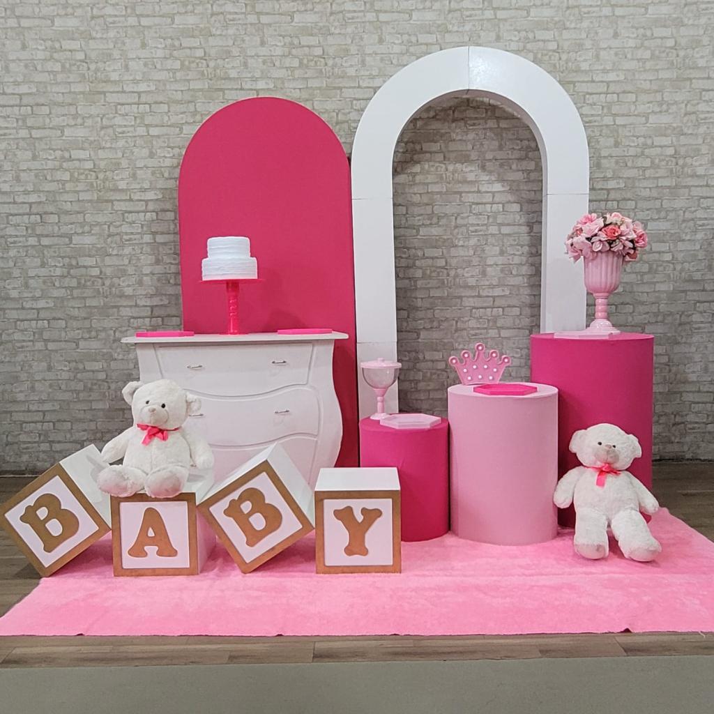 Alugue Tema Para Festa Decoração Chá de Bebê Rosa Tecido ( Modelo 3 ) - Tallentos Decorações 
