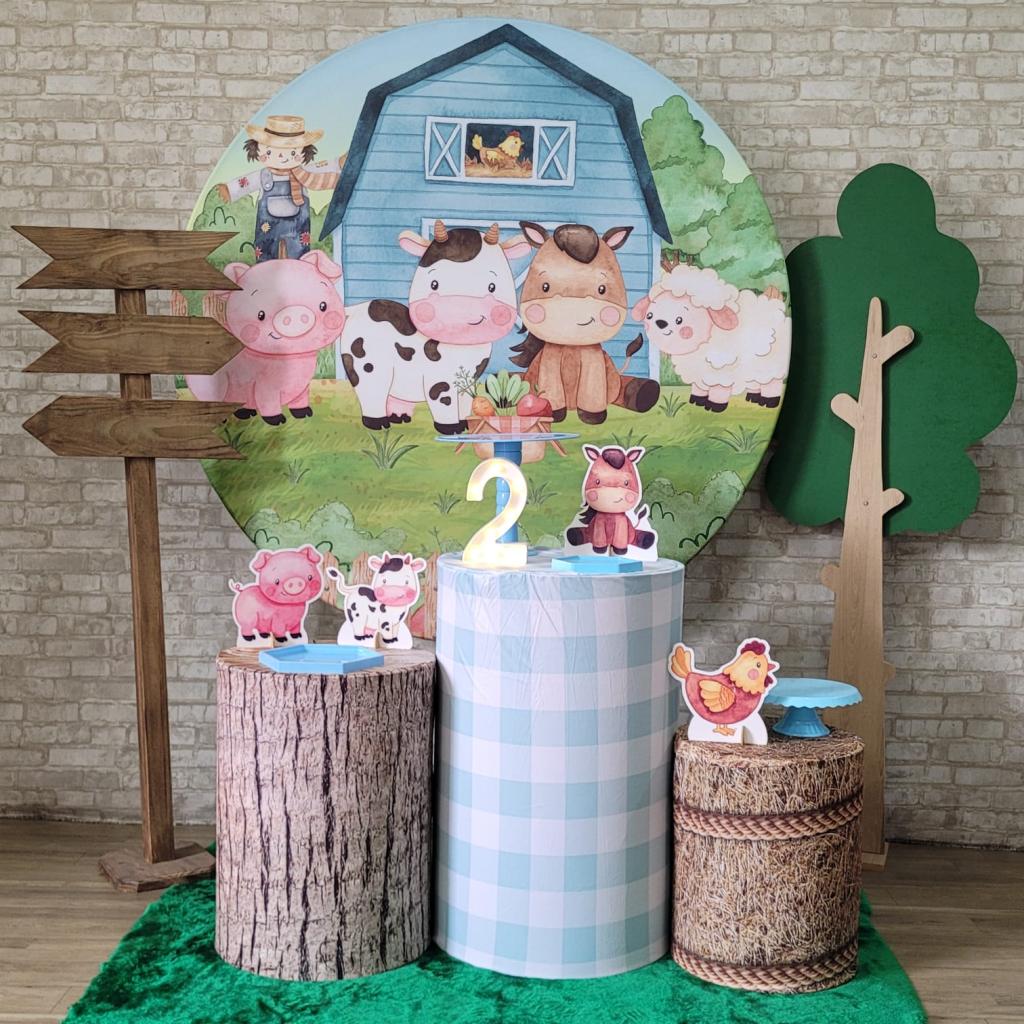 Alugue Tema Para Festa Decoração Fazendinha Azul Tecido ( Modelo 2 ) - Tallentos Decorações 
