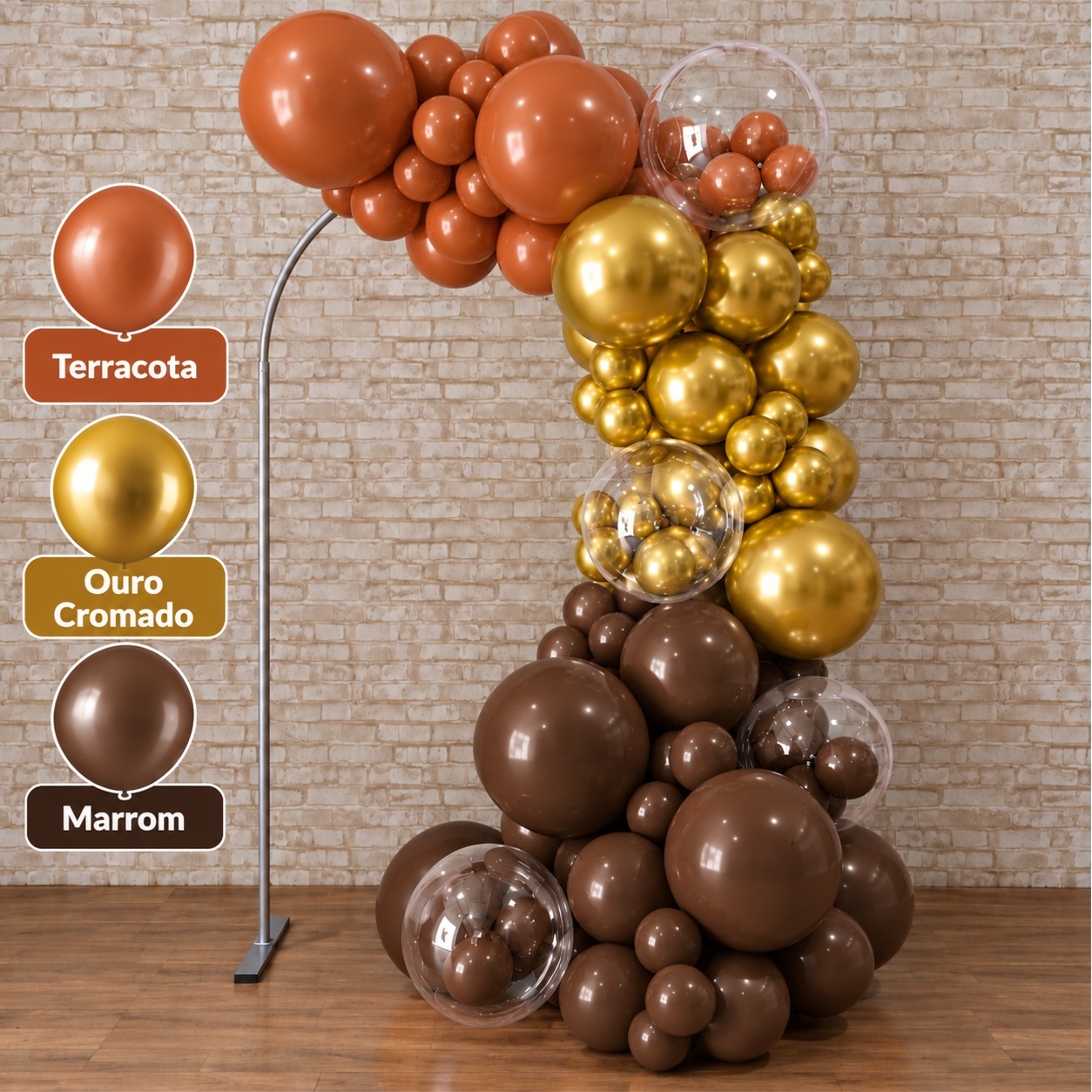 Arco de Balão Pronto Com 3 Metros Linha Luxo Happy Terracota, Dourado E Marrom - Tallentos Decorações 