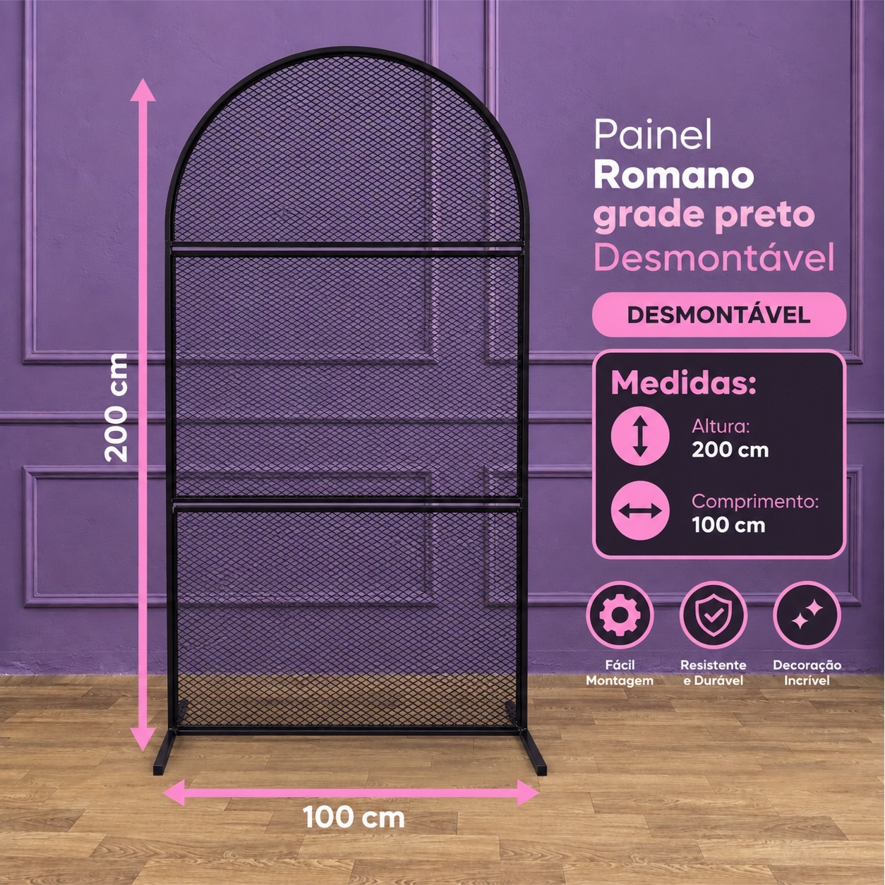 Alugue Painel Romano Grade Preto (3 Partes) - Tallentos Decorações 
