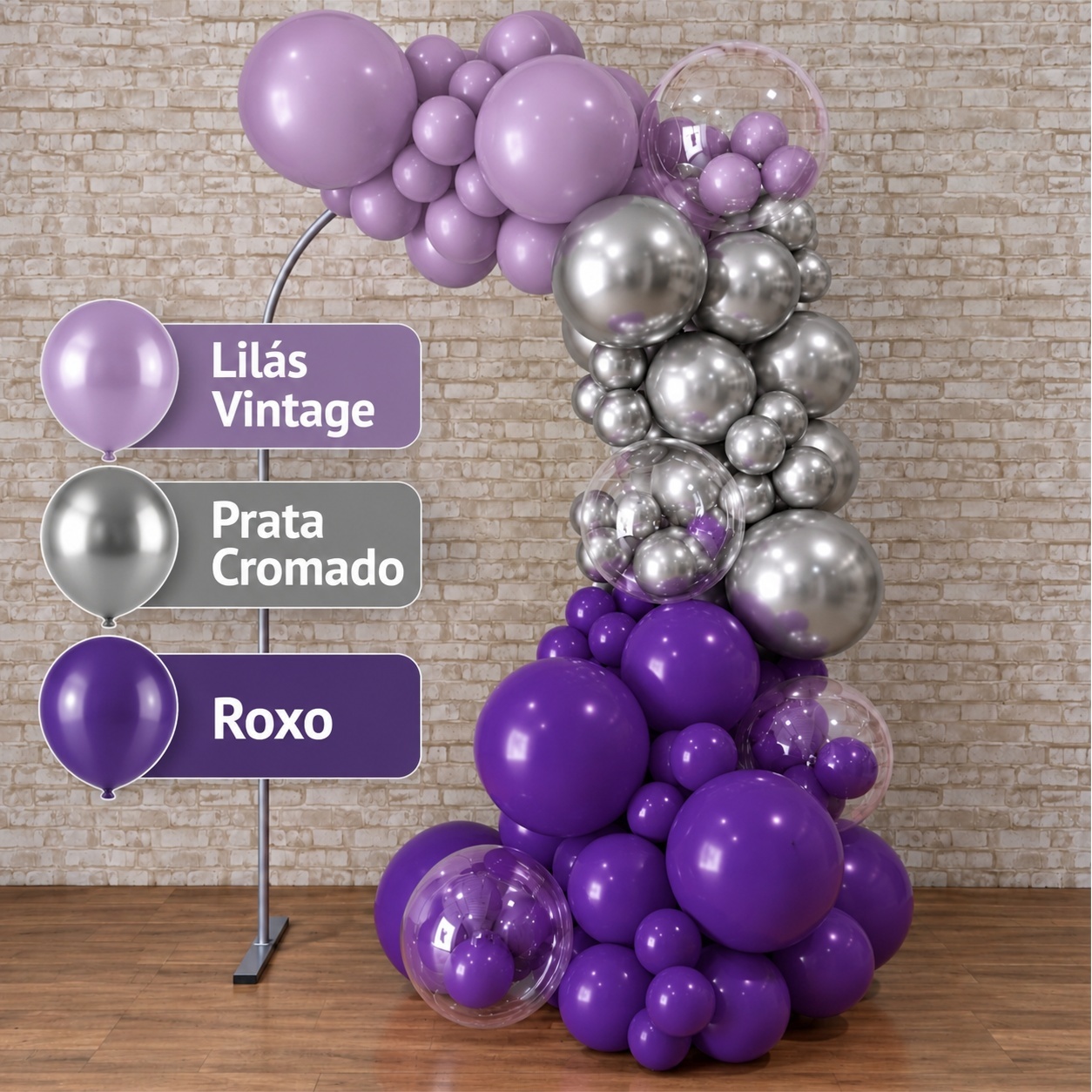 Arco de Balão Pronto Com 3 Metros Linha Luxo Happy Lilás, Prata E Roxo - Tallentos Decorações 
