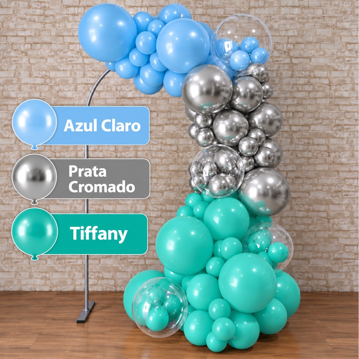 Arco de Balão Pronto Com 3 Metros Linha Luxo Happy Azul, Prata E Tiffany - Tallentos Decorações 