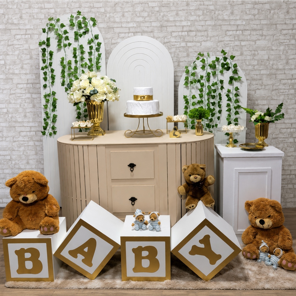 Alugue Tema Para Festa Decoração Chá Revelação Branco Ursinho Tecido (Modelo 6 ) - Tallentos Decorações 