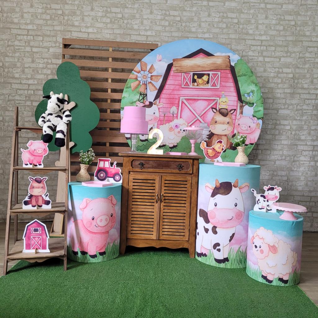 Alugue Tema Para Festa Decoração Fazendinha Rosa Tecido ( Modelo 3 ) - Tallentos Decorações 