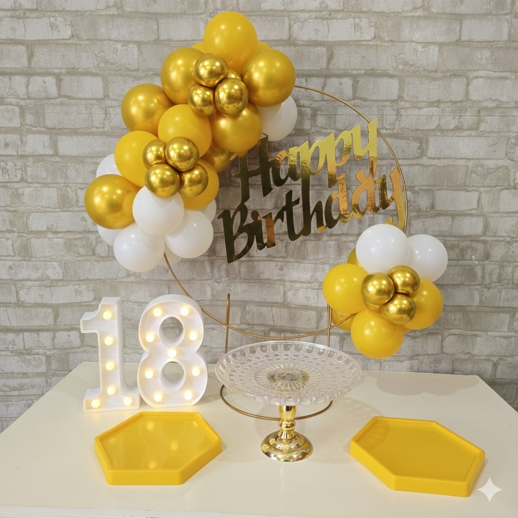 Alugue Tema Para Festa Na Mesa Decoração Happy Amarelo Com Branco - Tallentos Decorações 