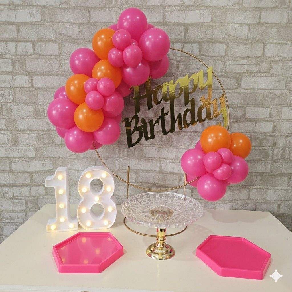 Alugue Tema Para Festa Na Mesa Decoração Happy Rosa Pink Com Laranja - Tallentos Decorações 