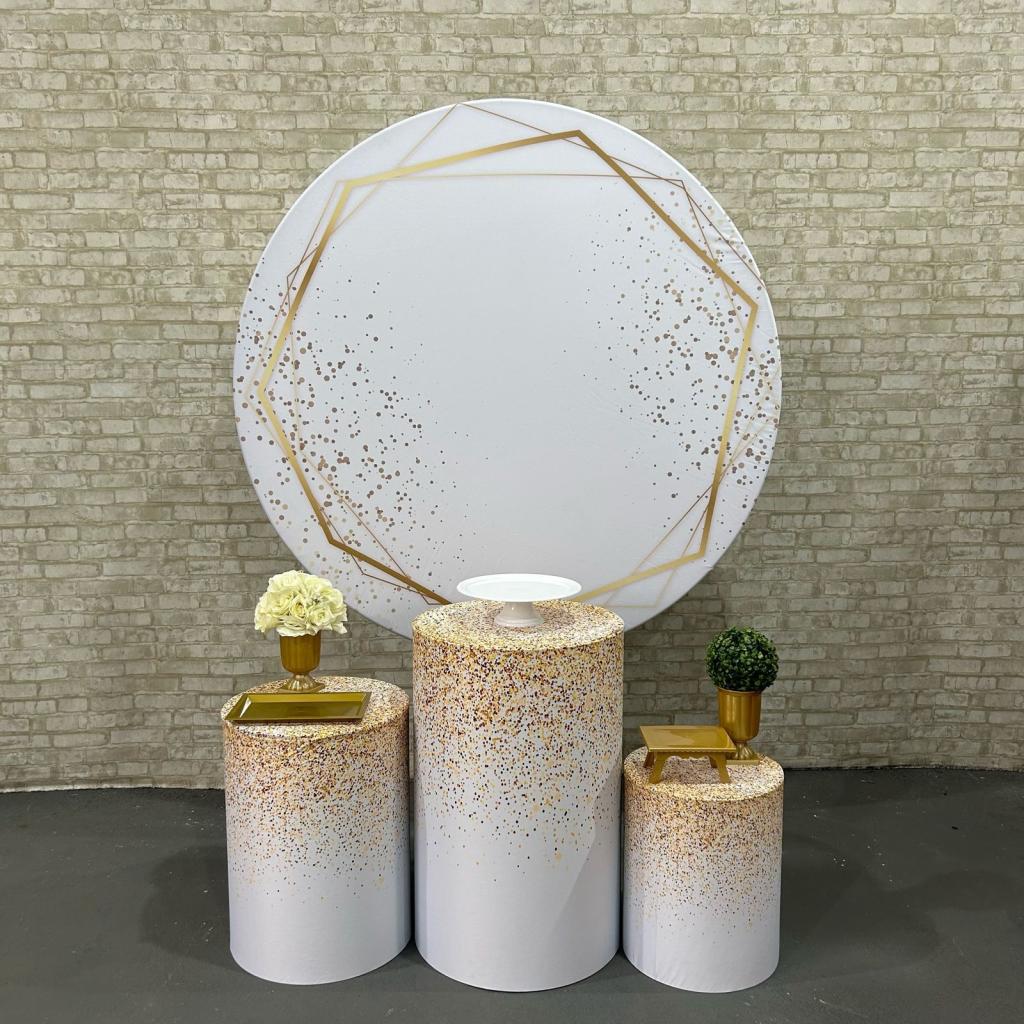 Alugue Tema Para Festa Decoração Geométrico Branco Com Dourado Tecido ( Modelo 1 ) - Tallentos Decorações 