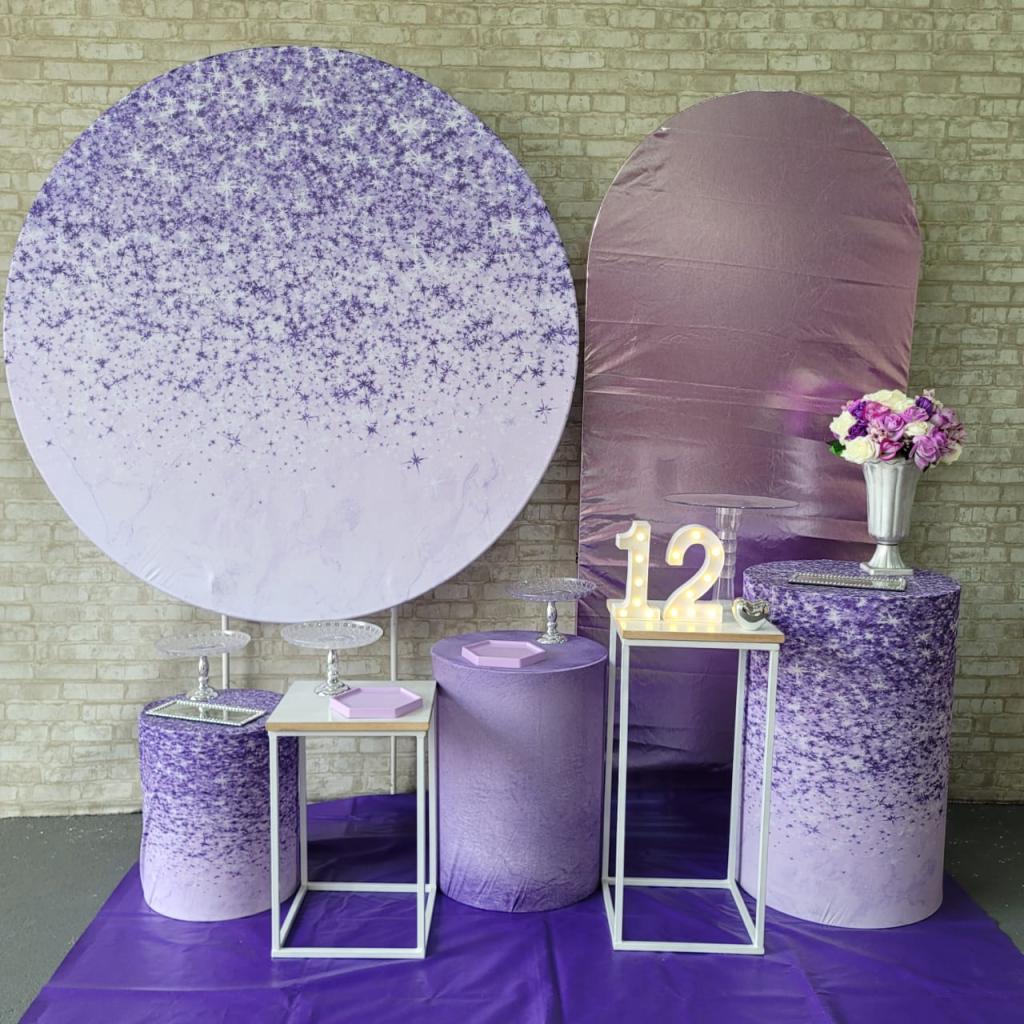 Alugue Tema Para Festa Decoração Glitter Lílas Tecido ( Modelo 3 ) - Tallentos Decorações 