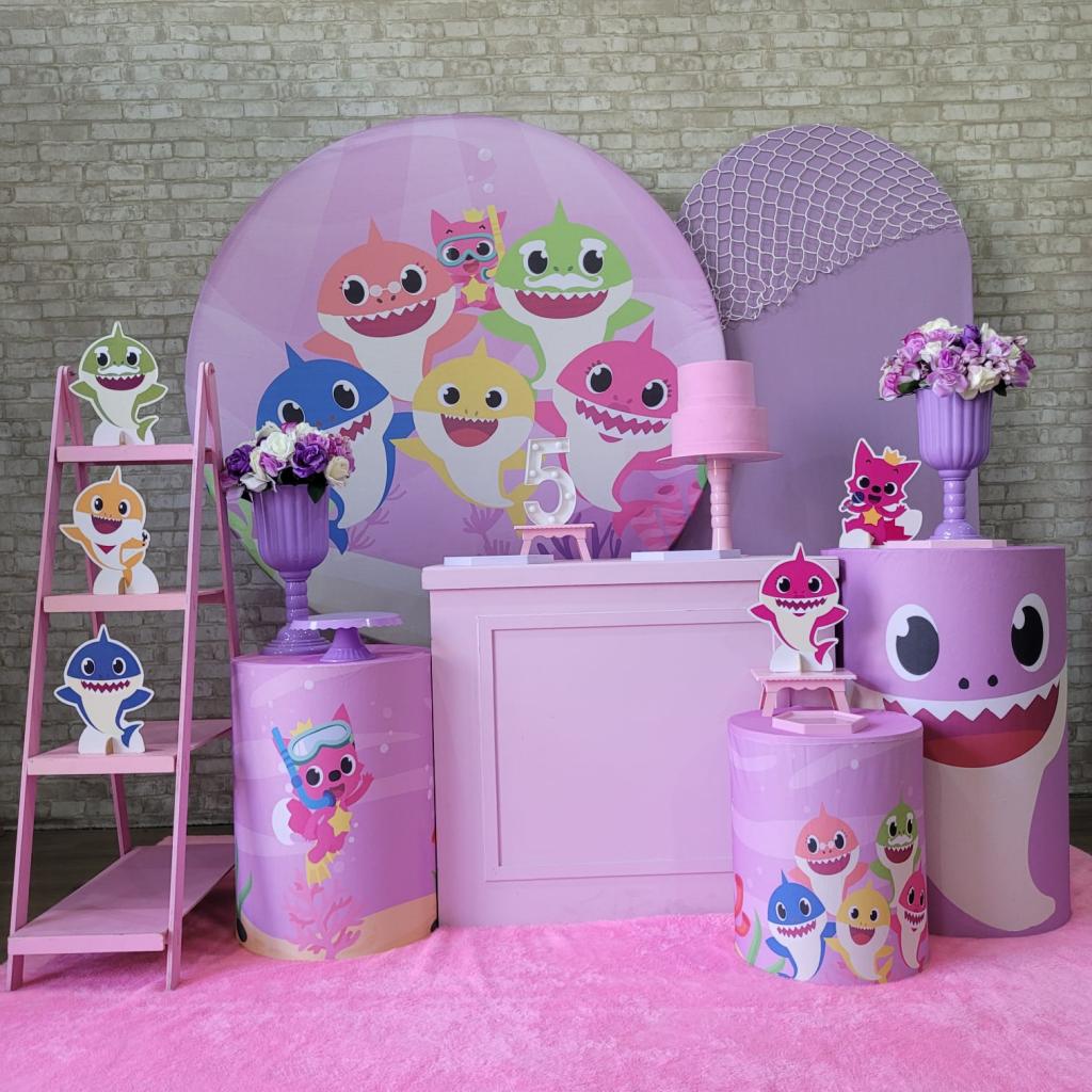Alugue Tema Para Festa Decoração Baby Shark Rosa Tecido ( Modelo 3 ) - Tallentos Decorações 