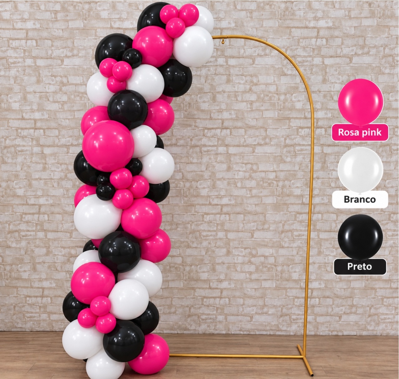 Arco de Balão Pronto Com 2 Metros Rosa Pink, Preto E Branco - Tallentos Decorações 
