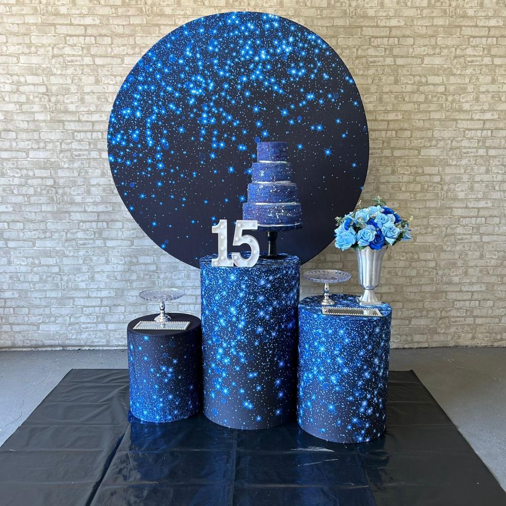 Alugue Tema Para Festa Decoração Glitter Azul Tecido ( Modelo 2 ) - Tallentos Decorações 