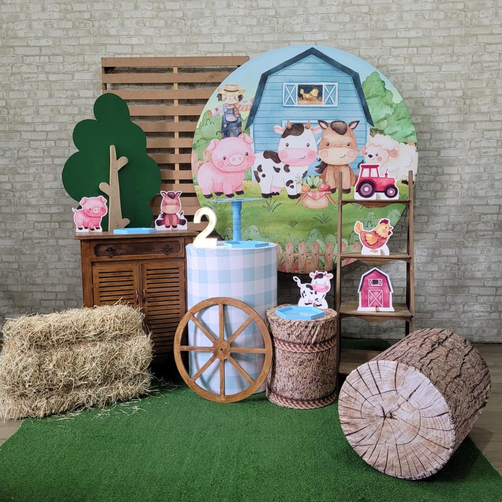 Alugue Tema Para Festa Decoração Fazendinha Azul Tecido ( Modelo 3 ) - Tallentos Decorações 