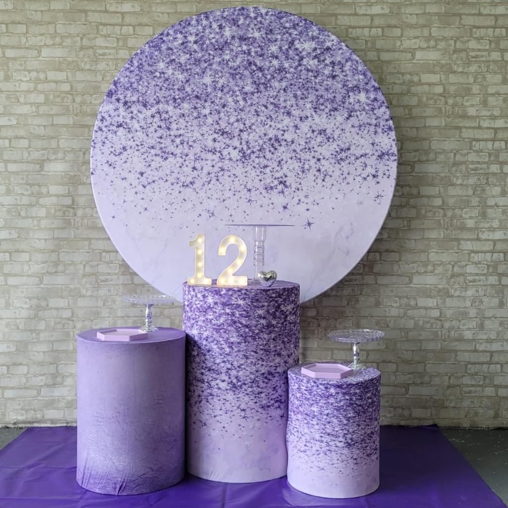 Alugue Tema Para Festa Decoração Glitter Lílas Tecido ( Modelo 2 ) - Tallentos Decorações 