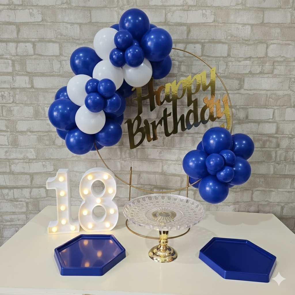 Alugue Tema Para Festa Na Mesa Decoração Happy Azul Com Branco - Tallentos Decorações 