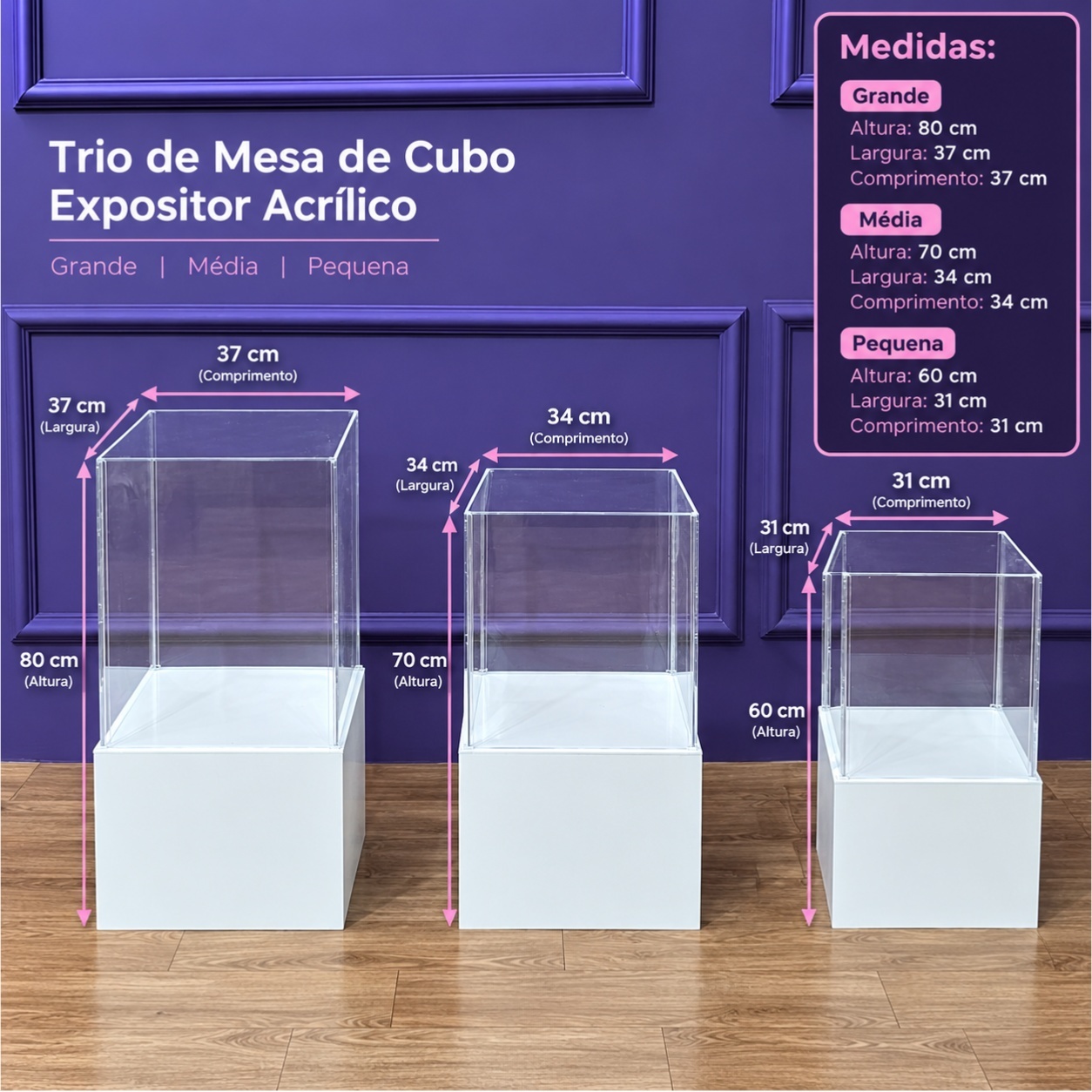 Alugue Trio de Mesa Cubo Expositor de Acrílico - Tallentos Decorações 