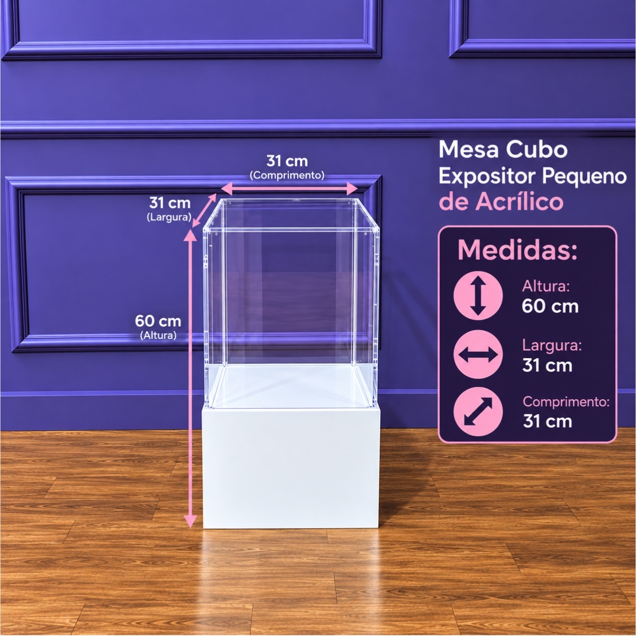 Alugue Mesa Cubo Expositor de Acrílico Pequeno - Tallentos Decorações 