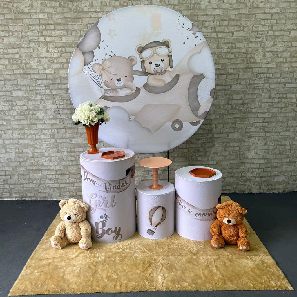 Alugue Tema Para Festa Decoração Chá Revelação Ursinho Aviador Tecido ( Modelo 1 ) - Tallentos Decorações 