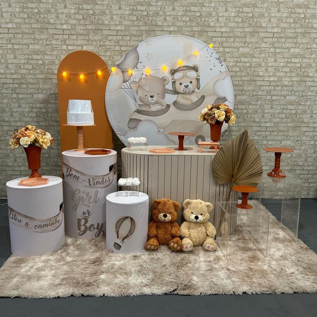 Alugue Tema Para Festa Decoração Chá Revelação Ursinho Aviador Tecido ( Modelo 3 ) - Tallentos Decorações 