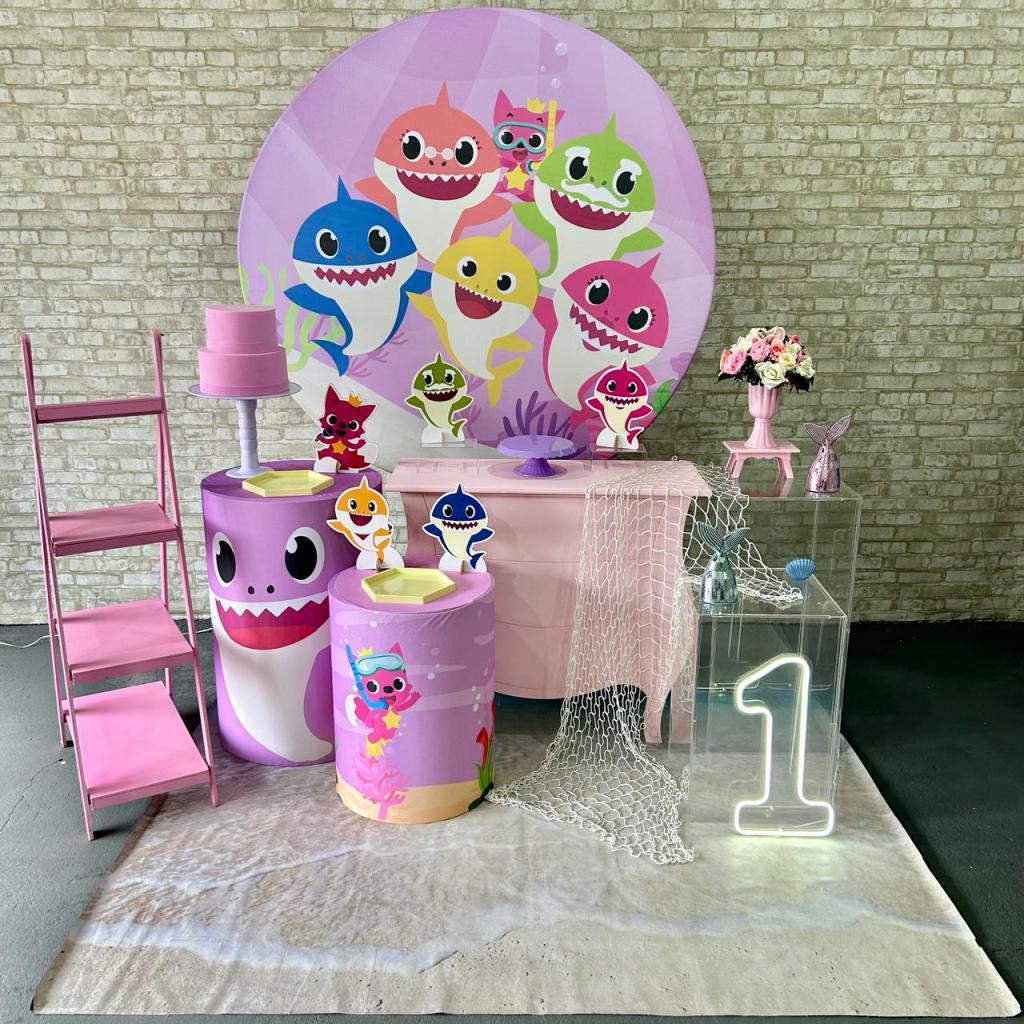 Alugue Tema Para Festa Decoração Baby Shark Rosa Tecido ( Modelo 4 ) - Tallentos Decorações 