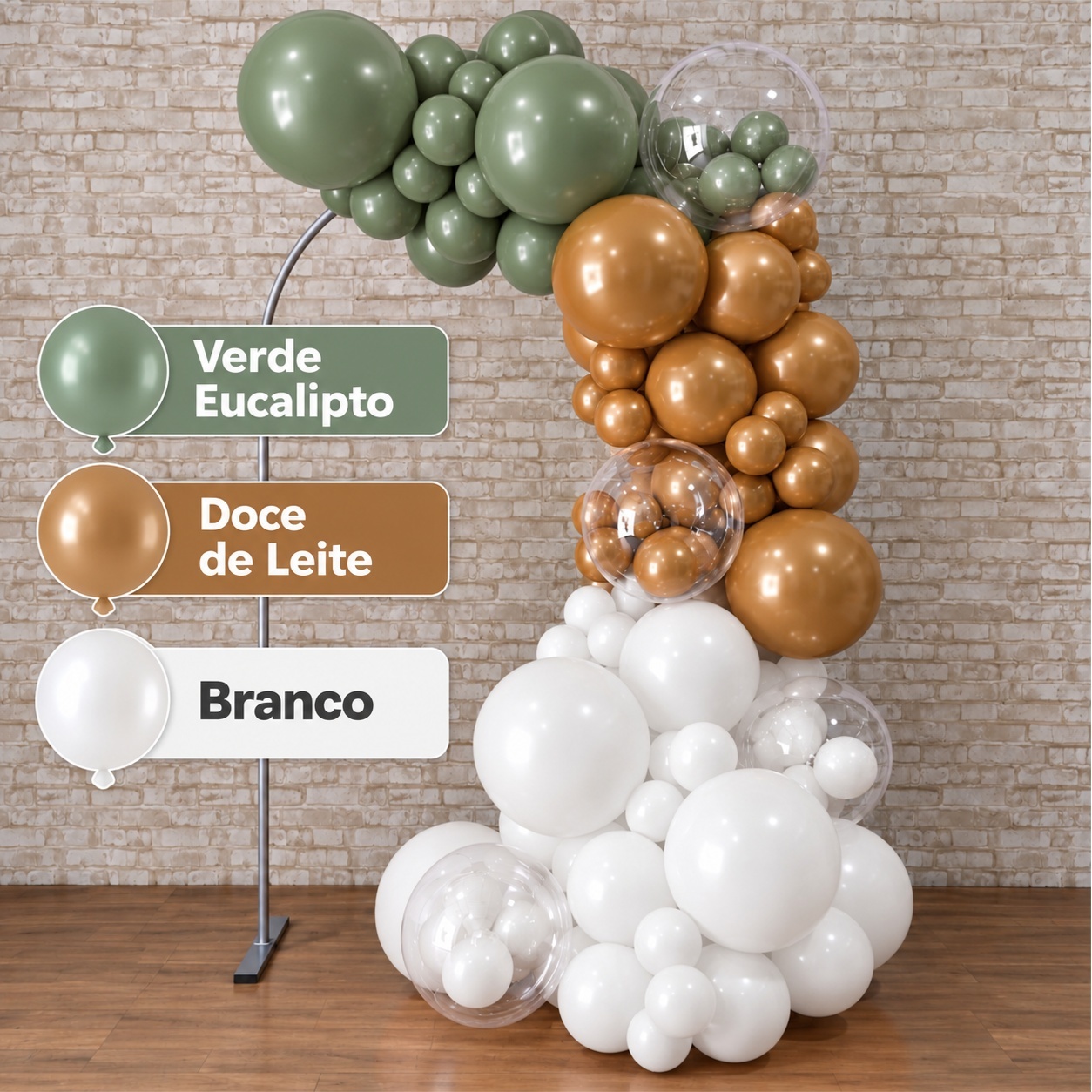 Arco de Balão Pronto Com 3 Metros Linha Luxo Happy Verde Eucalipto, Nude E Branco - Tallentos Decorações 