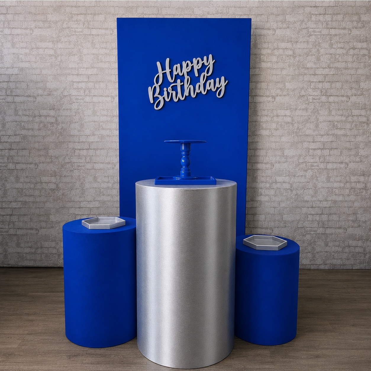 Alugue Tema Para Festa Decoração Happy Azul Com Prata Tecido ( Modelo 5 ) - Tallentos Decorações 