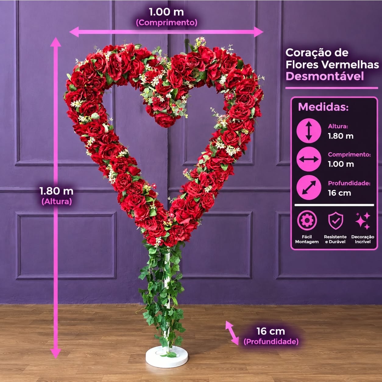 Coração de Flores Vermelhas -Desmontável - Tallentos Decorações 