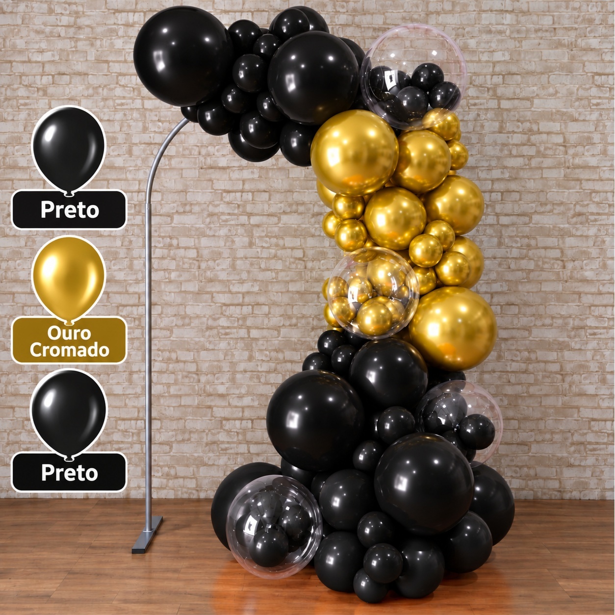 Arco de Balão Pronto Com 3 Metros Linha Luxo Happy Preto E Dourado - Tallentos Decorações 