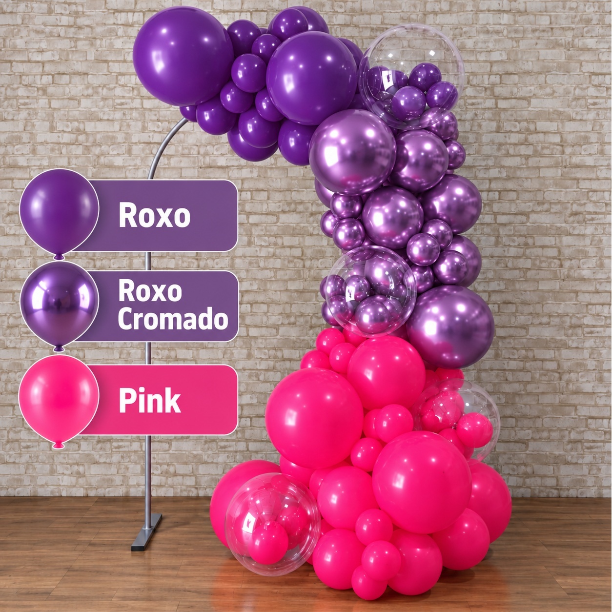 Arco de Balão Pronto Com 3 Metros Linha Luxo Happy Roxo, Roxo Cromado E Rosa Pink - Tallentos Decorações 