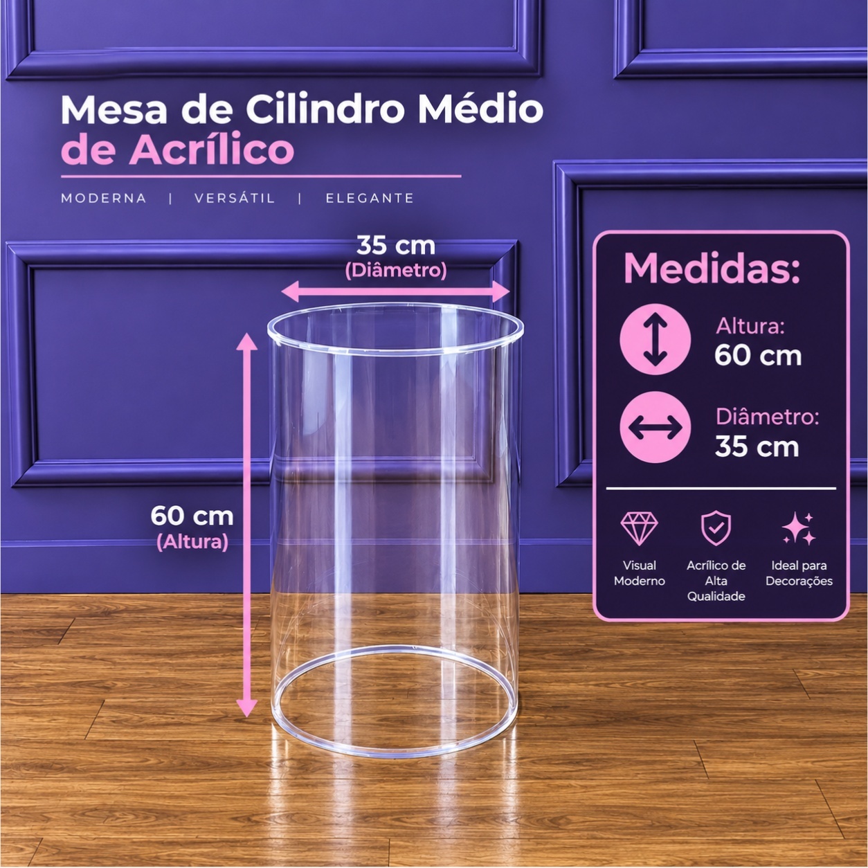 Alugue Mesa Cilindro Acrílico Médio - Tallentos Decorações 