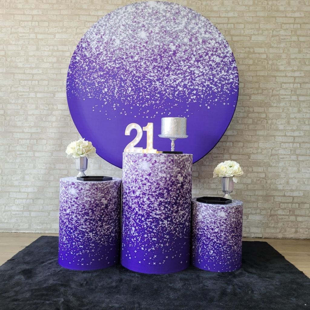 Alugue Tema Para Festa Decoração Glitter Roxo Tecido ( Modelo 5 ) - Tallentos Decorações 