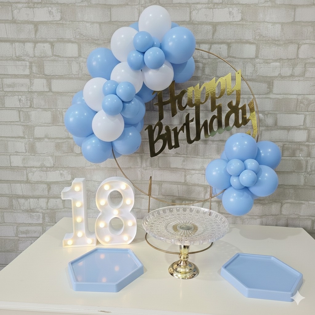 Alugue Tema Para Festa Na Mesa Decoração Happy Azul Bebê Com Branco - Tallentos Decorações 