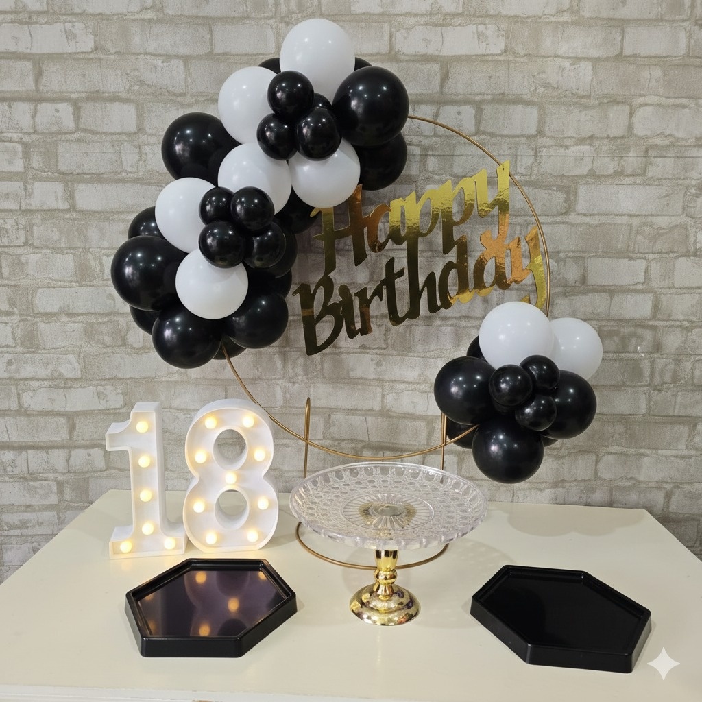Alugue Tema Para Festa Na Mesa Decoração Happy Preto Com Branco - Tallentos Decorações 