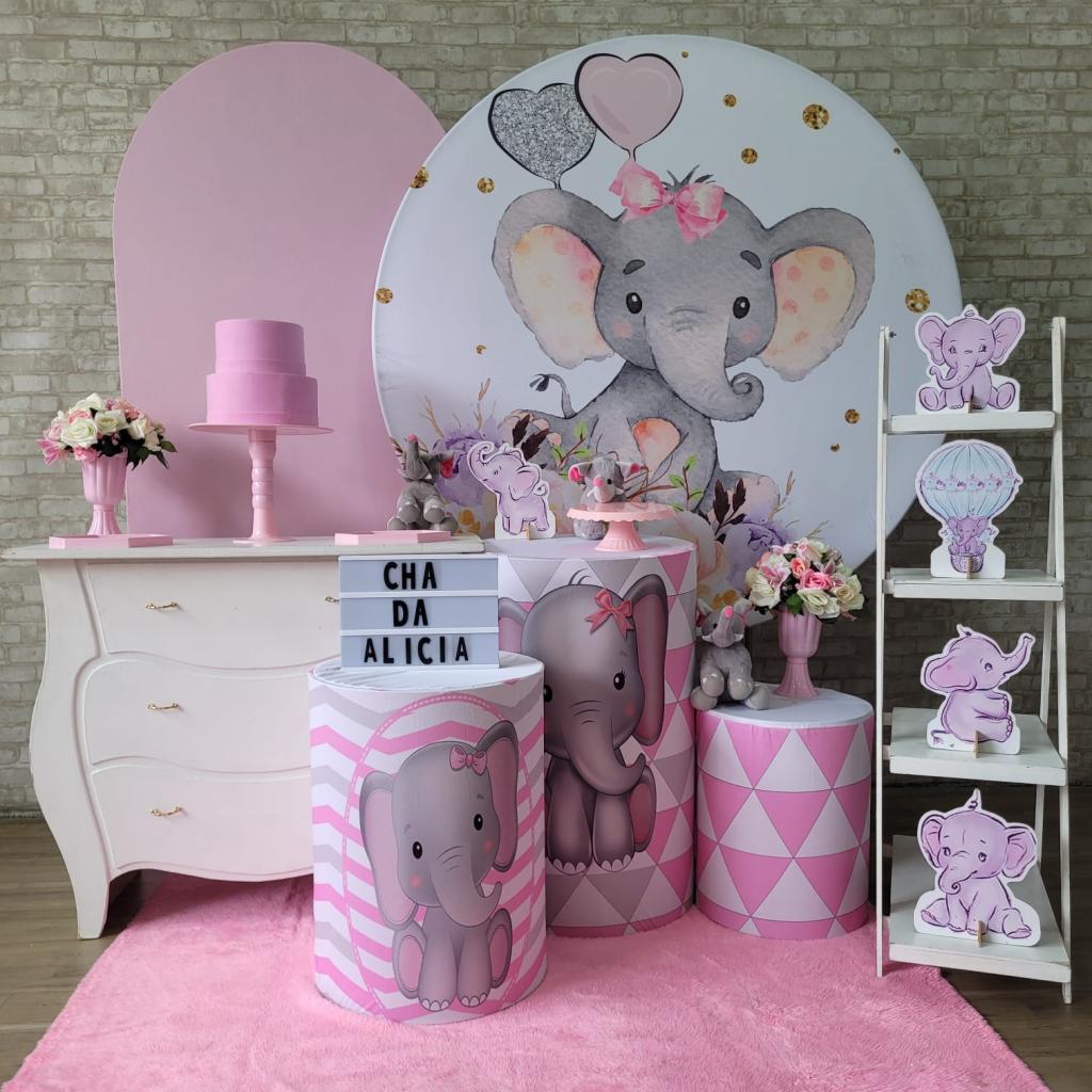 Alugue Tema Para Festa Decoração Elefantinho Rosa Tecido ( Modelo 3 ) - Tallentos Decorações 