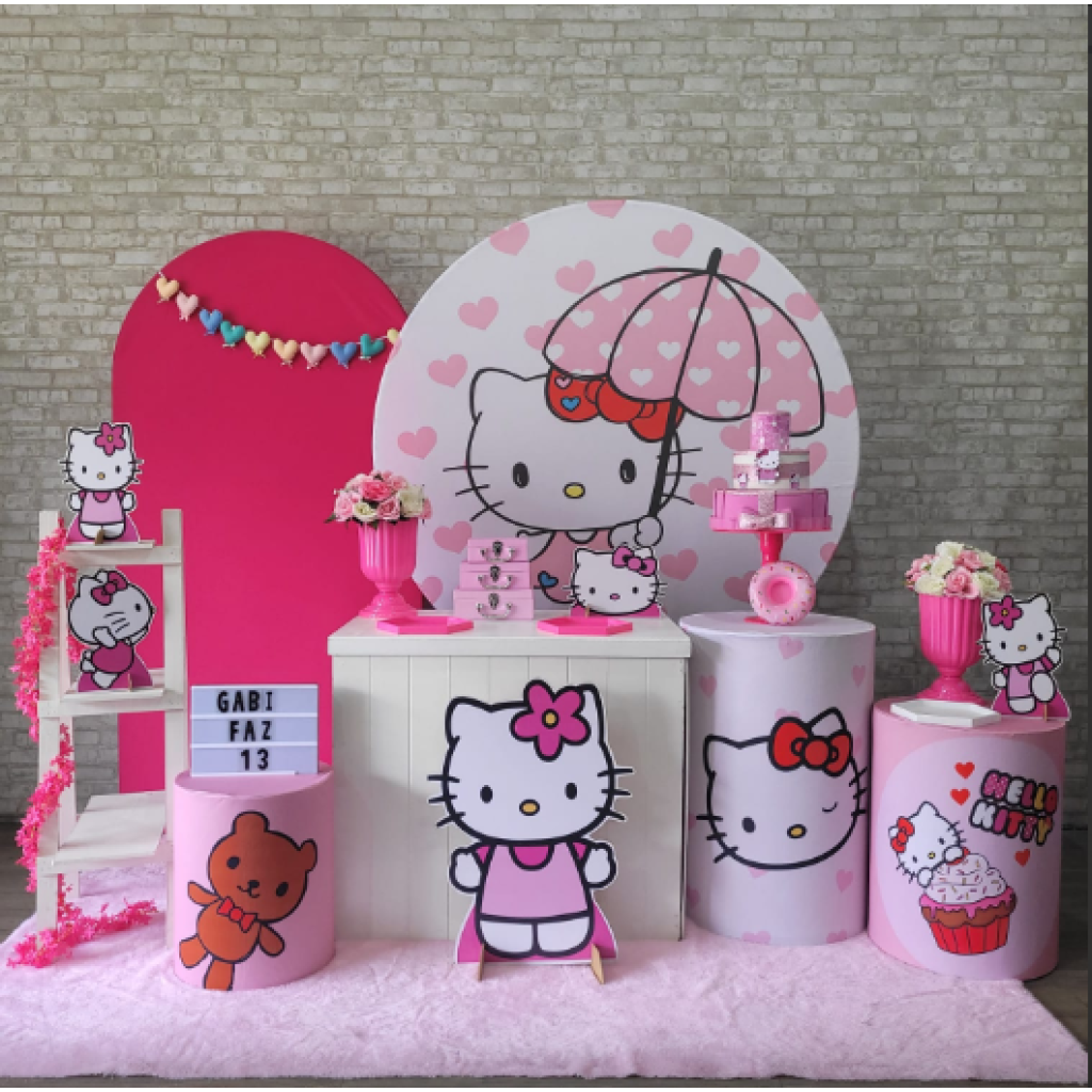 Alugue Tema Para Festa Decoração Hello Kitty Tecido ( Modelo 3 ) - Tallentos Decorações 