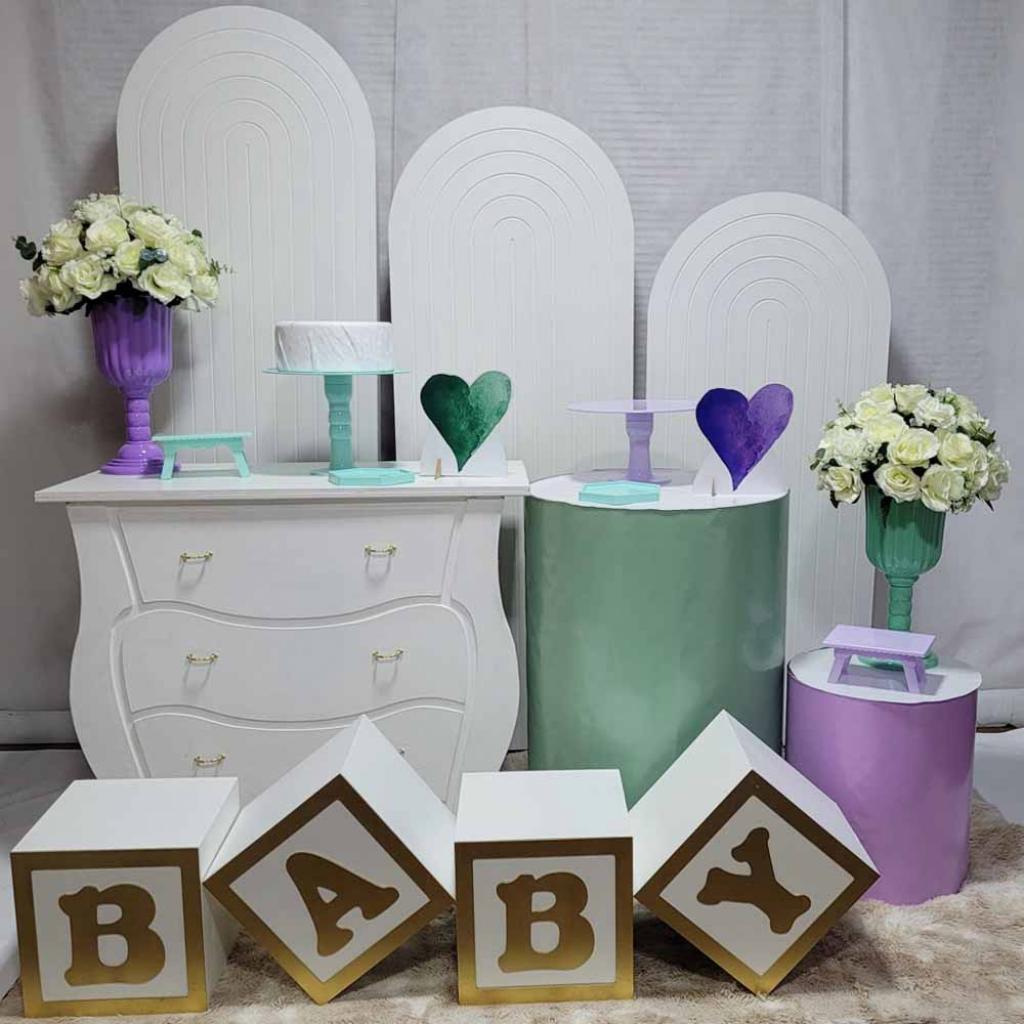 Alugue Tema Para Festa Decoração Chá Revelação Lílas E Verde Tecido ( Modelo 3 ) - Tallentos Decorações 