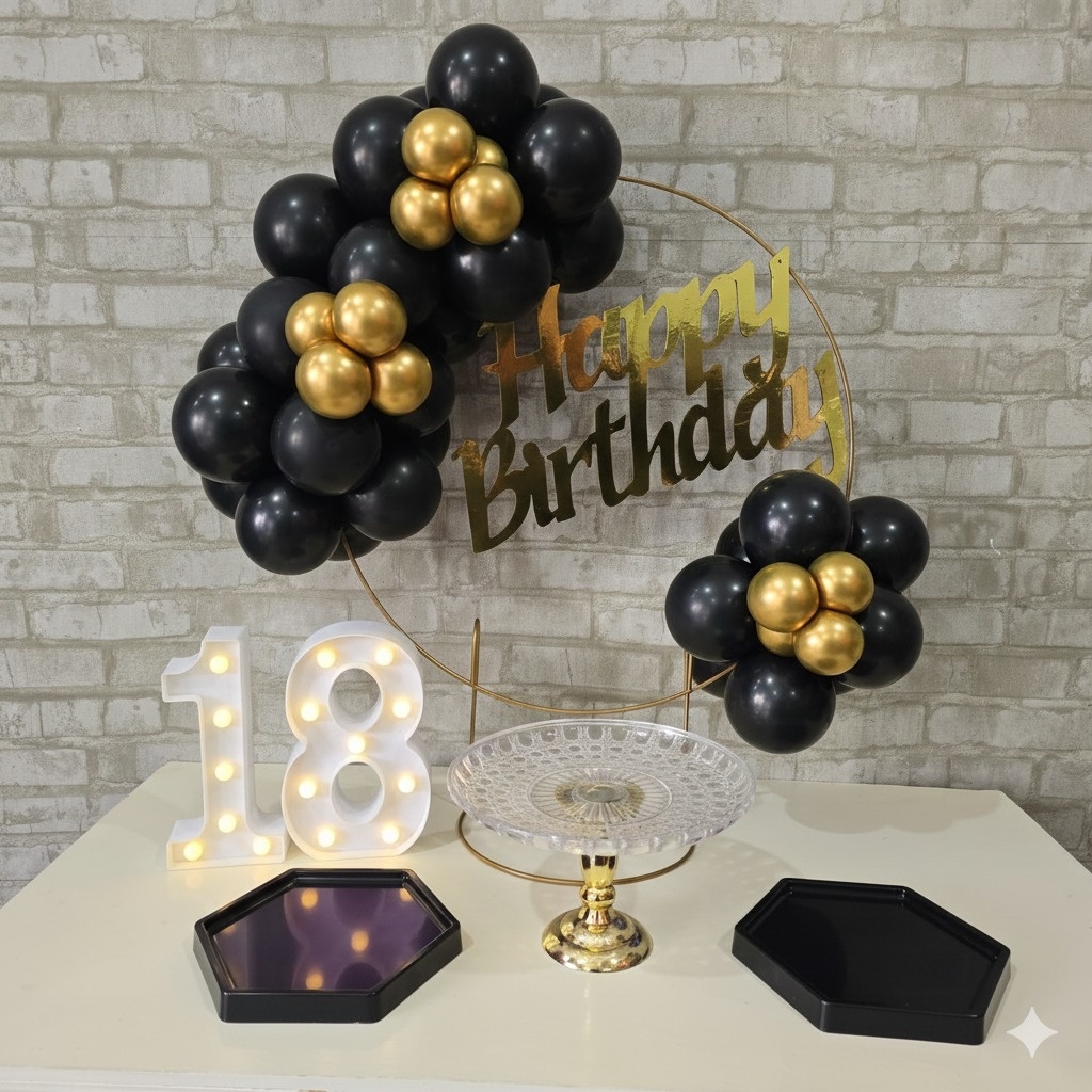 Alugue Tema Para Festa Na Mesa Decoração Happy Preto Com Dourado - Tallentos Decorações 