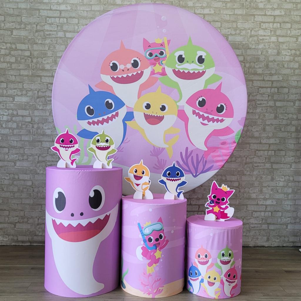 Alugue Tema Para Festa Decoração Baby Shark Rosa Tecido ( Modelo 1 ) - Tallentos Decorações 