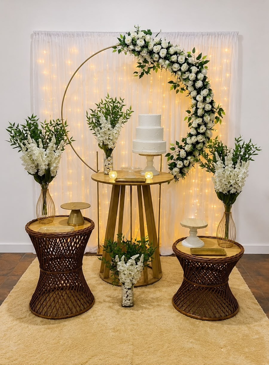 Casamento Com Montagem Branco Com Painel Flores 1 - Realize Decorações