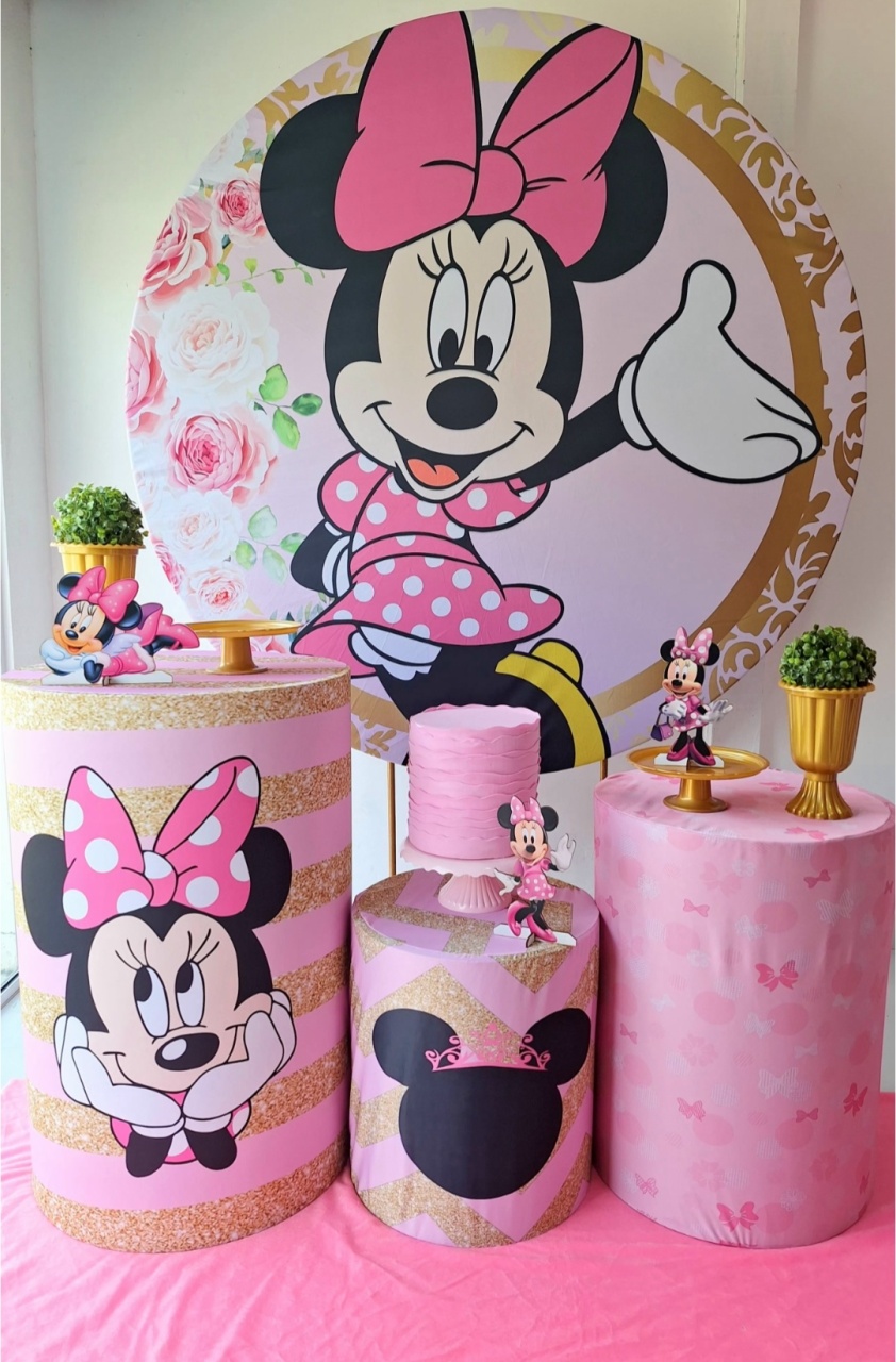 Minnie Rosa Mod. 2+Bolo Fake+Tapete - Pegue e monte Festança 