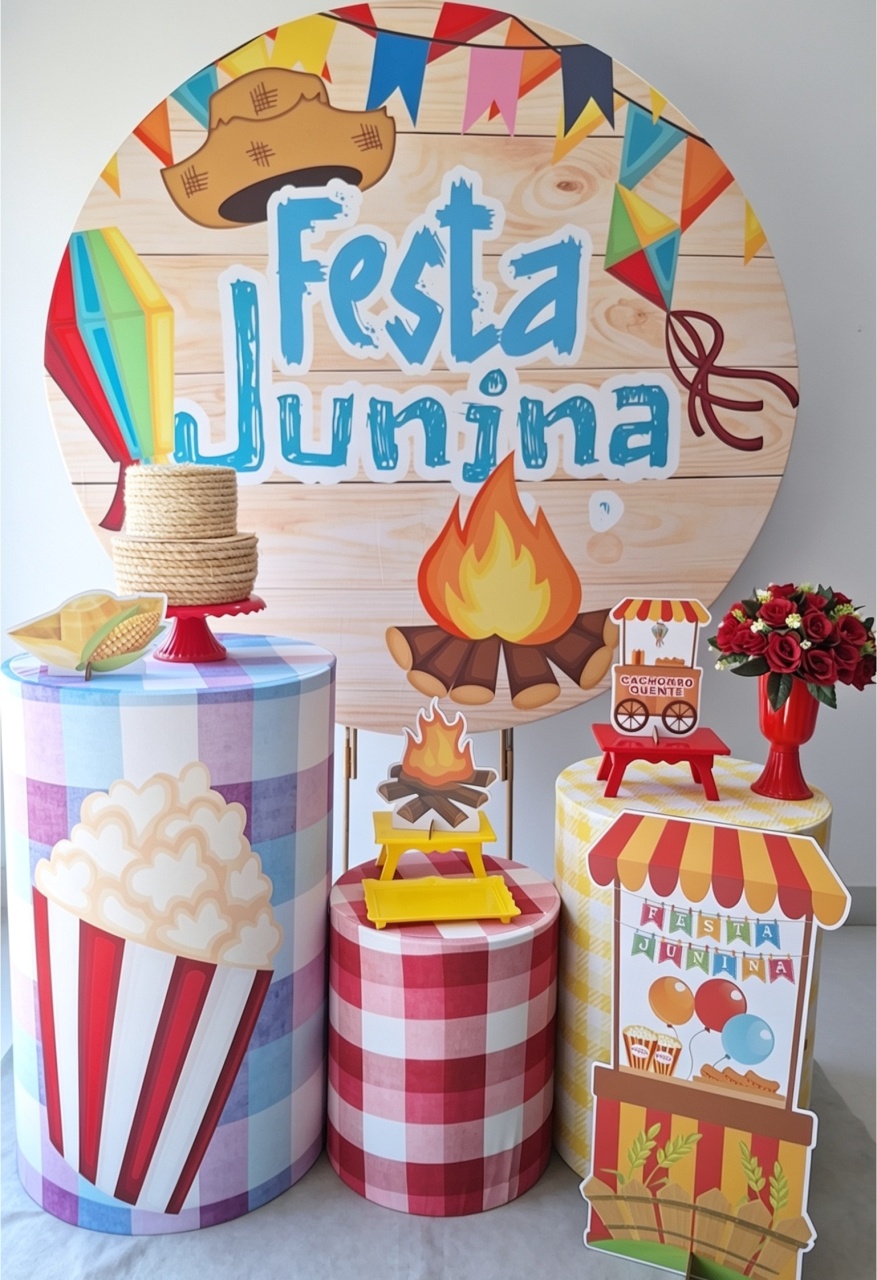 Festa Junina Mod. 2 + Bolo Fake + Tapete+ Display de Chão - Pegue e monte Festança 