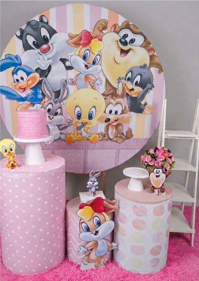 Baby Looney Tunes Rosa Bolo Fake|Escadinha| Display| Tapete - Pegue e monte Festança 