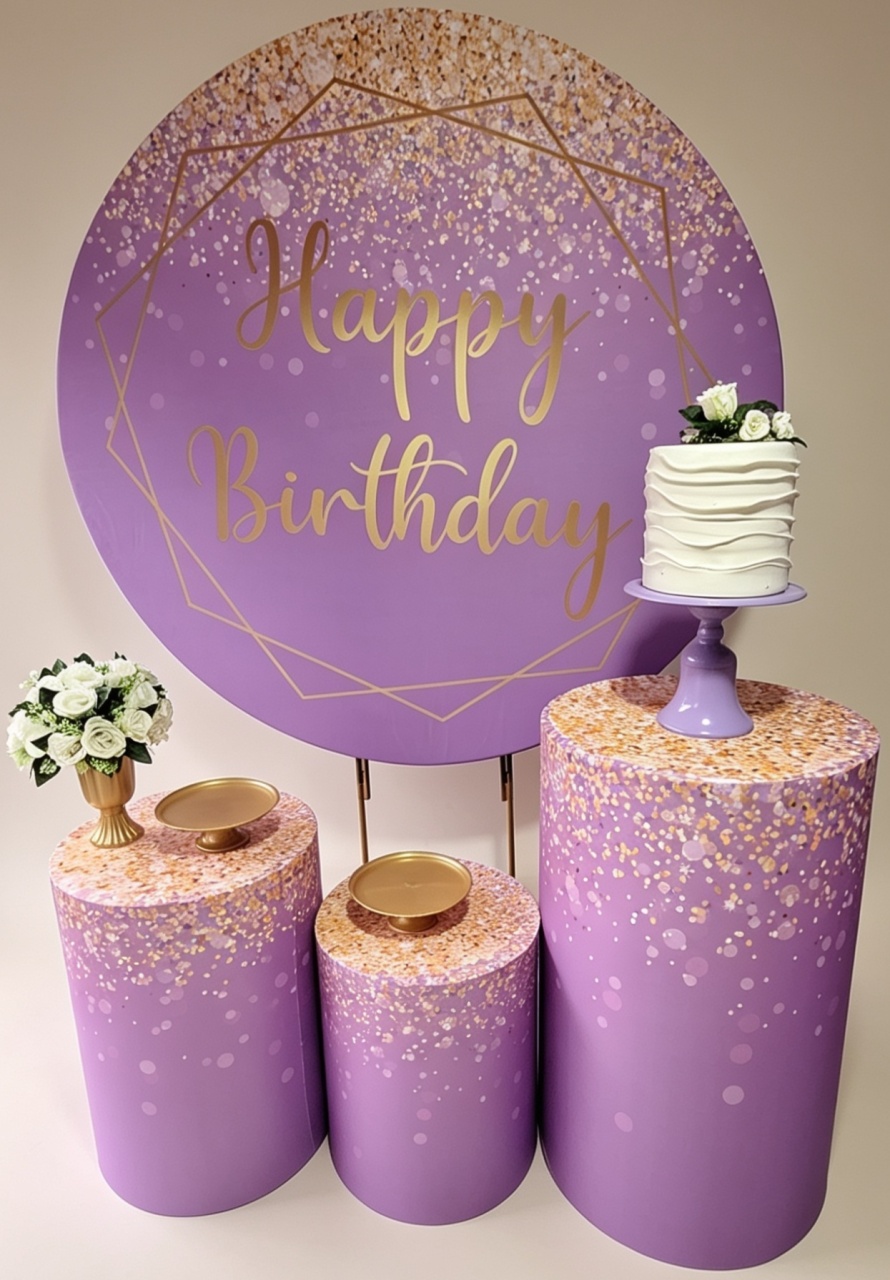 Happy Birthday Lilás E Dourado+Bolo Fake - Pegue e monte Festança 