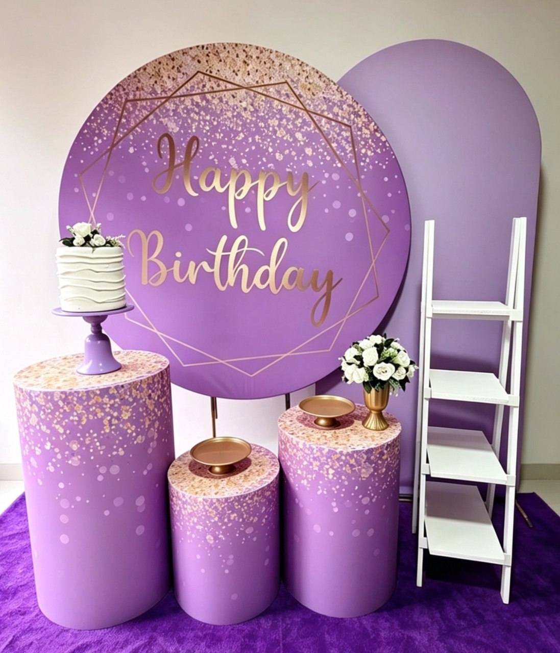 Happy Birthday Lilás E Dourado+Escadinha+Arco Romano - Pegue e monte Festança 