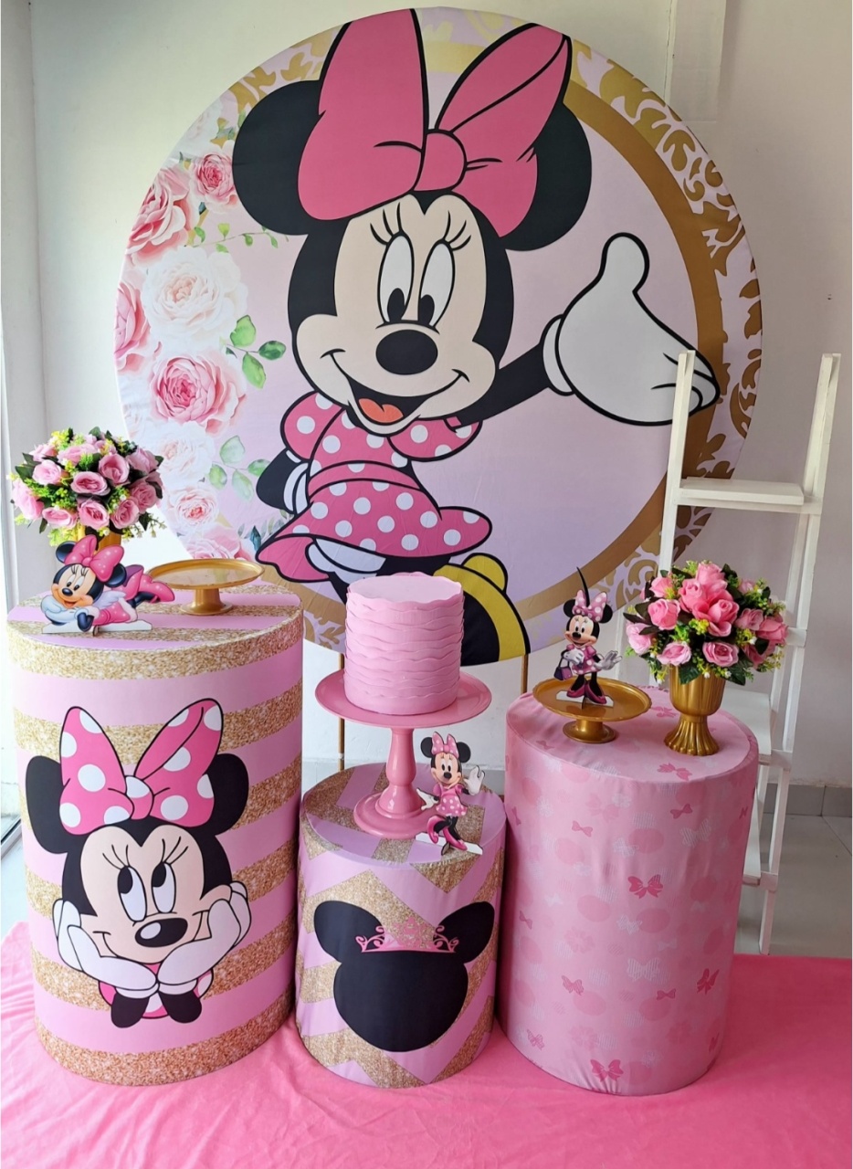 Minnie Rosa Mod. 2 Kit Básico+Escadinha Para Lembrancinhas - Pegue e monte Festança 