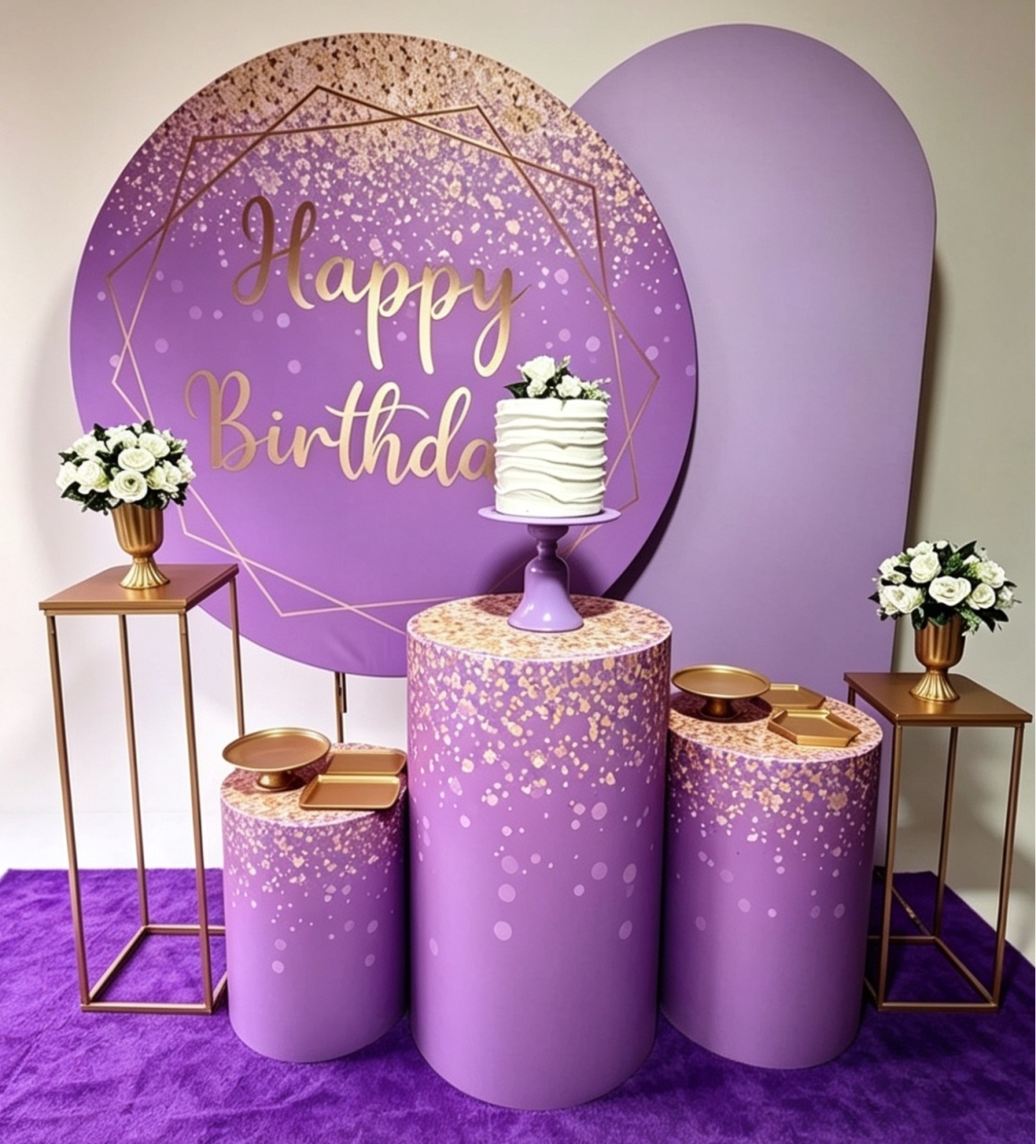 Happy Birthday Lilás E Dourado+Arco Romano+Mesas - Pegue e monte Festança 